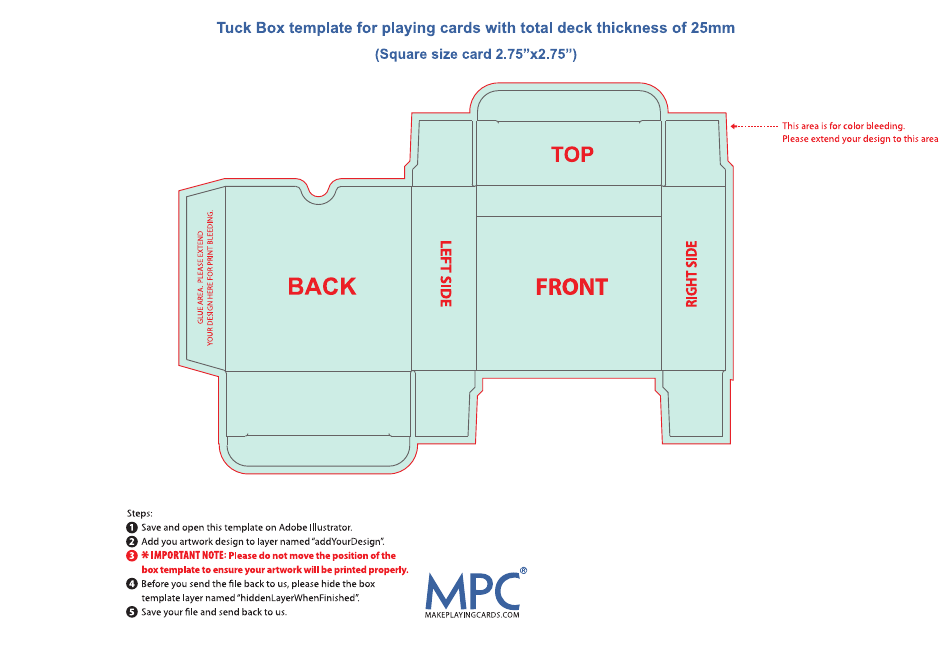 Tuck Box Template for Playing Cards With Total Deck Thickness of 25mm