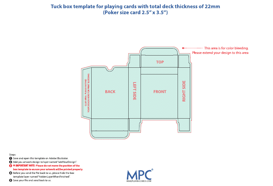 Tuck Box Template for Playing Cards With Total Deck Thickness of 22mm