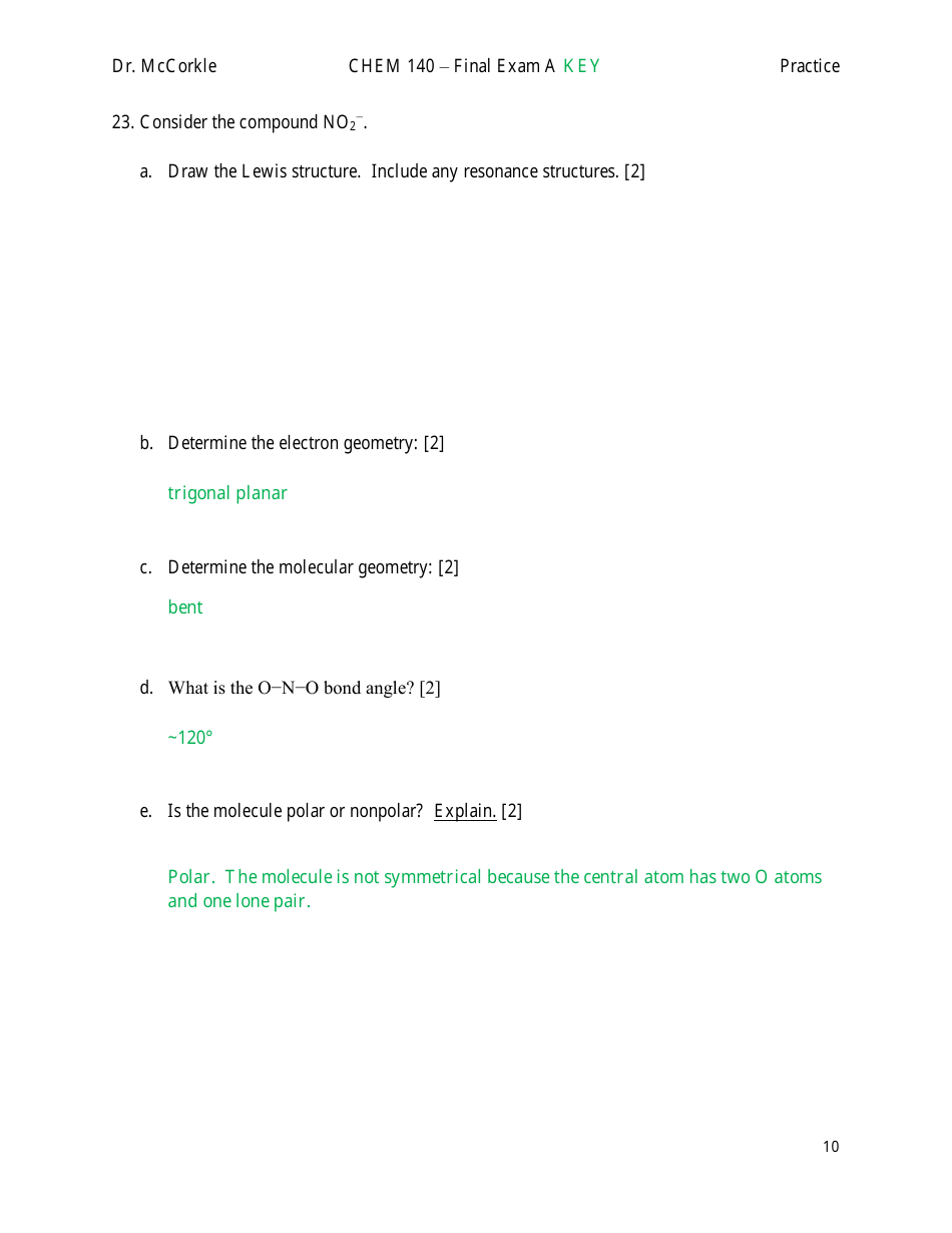 Chem 140 Final Exam A Key Download Printable PDF | Templateroller