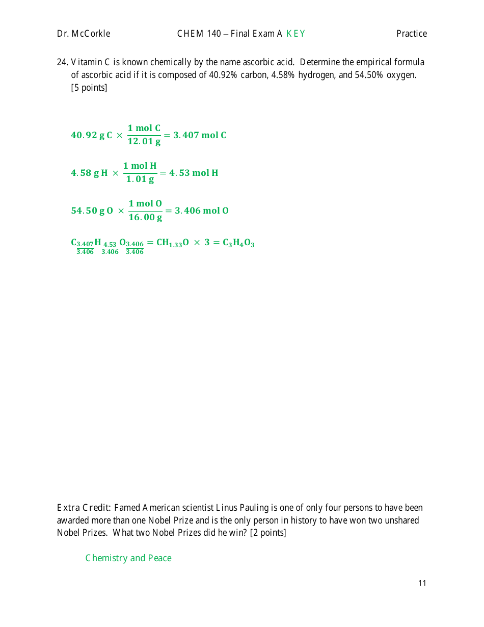 Chem 140 Final Exam a Key, Page 11