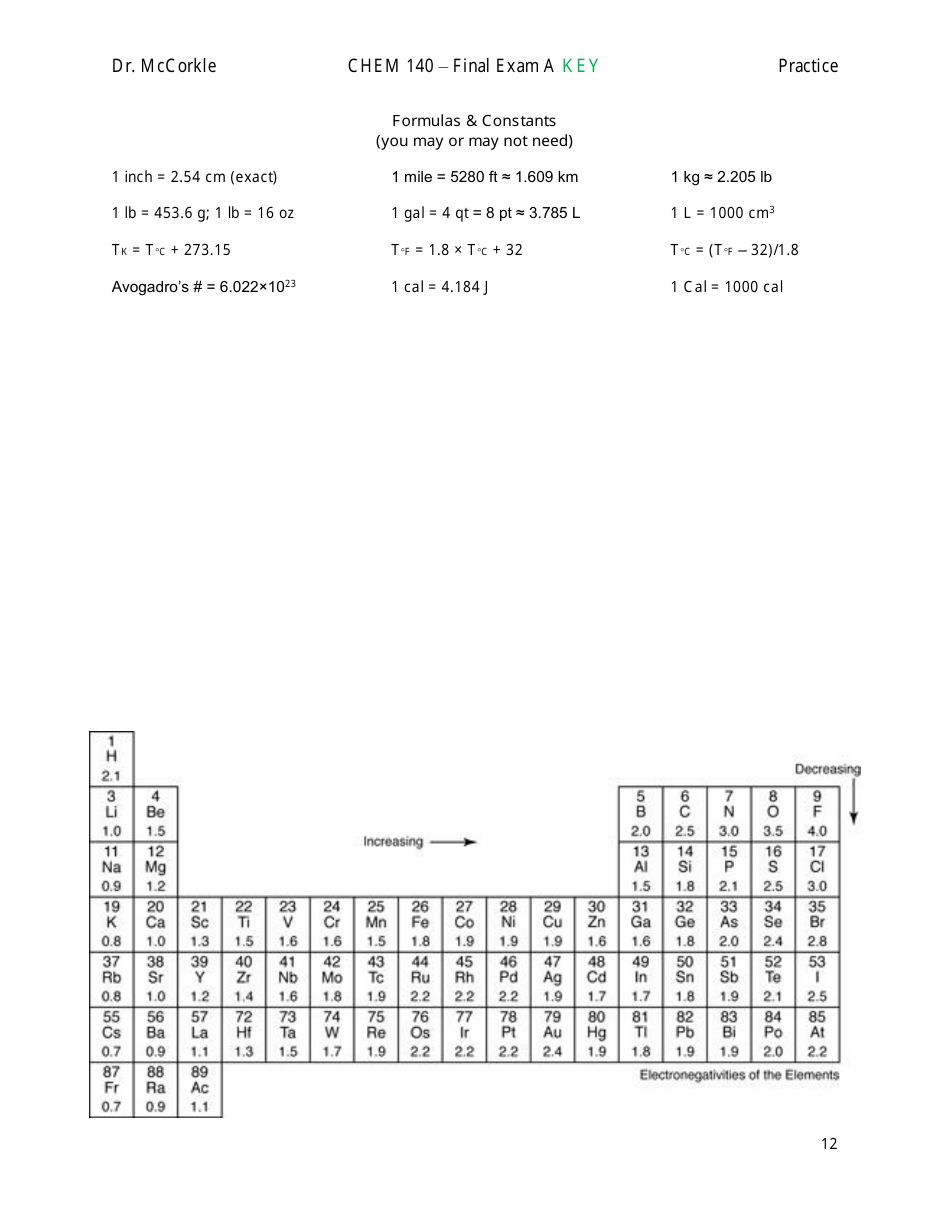 Chem 140 Final Exam a Key, Page 12