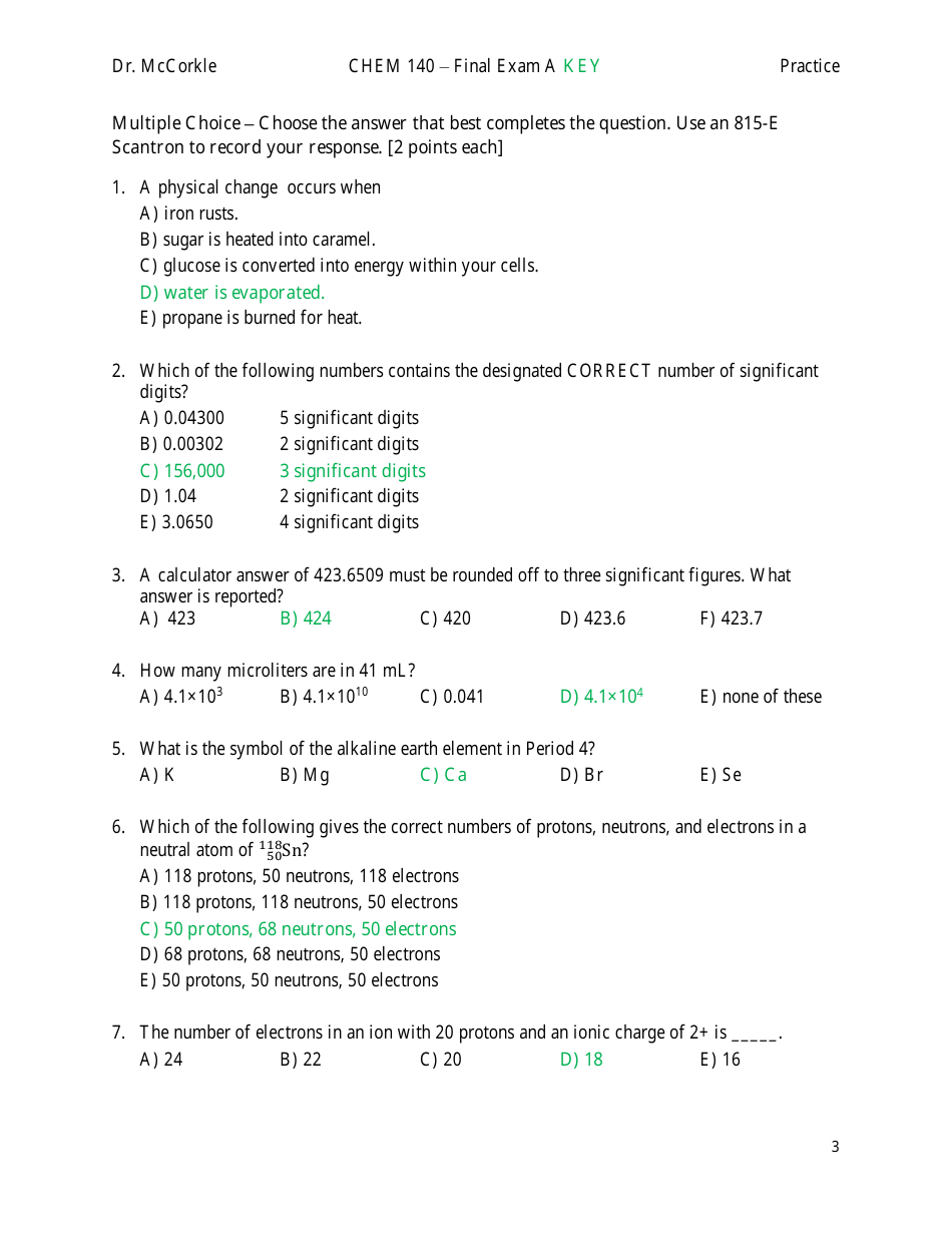 Chem 140 Final Exam A Key Download Printable PDF | Templateroller