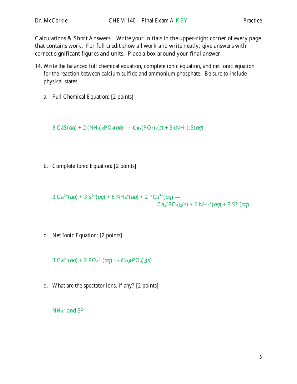 Chem 140 Final Exam a Key, Page 5