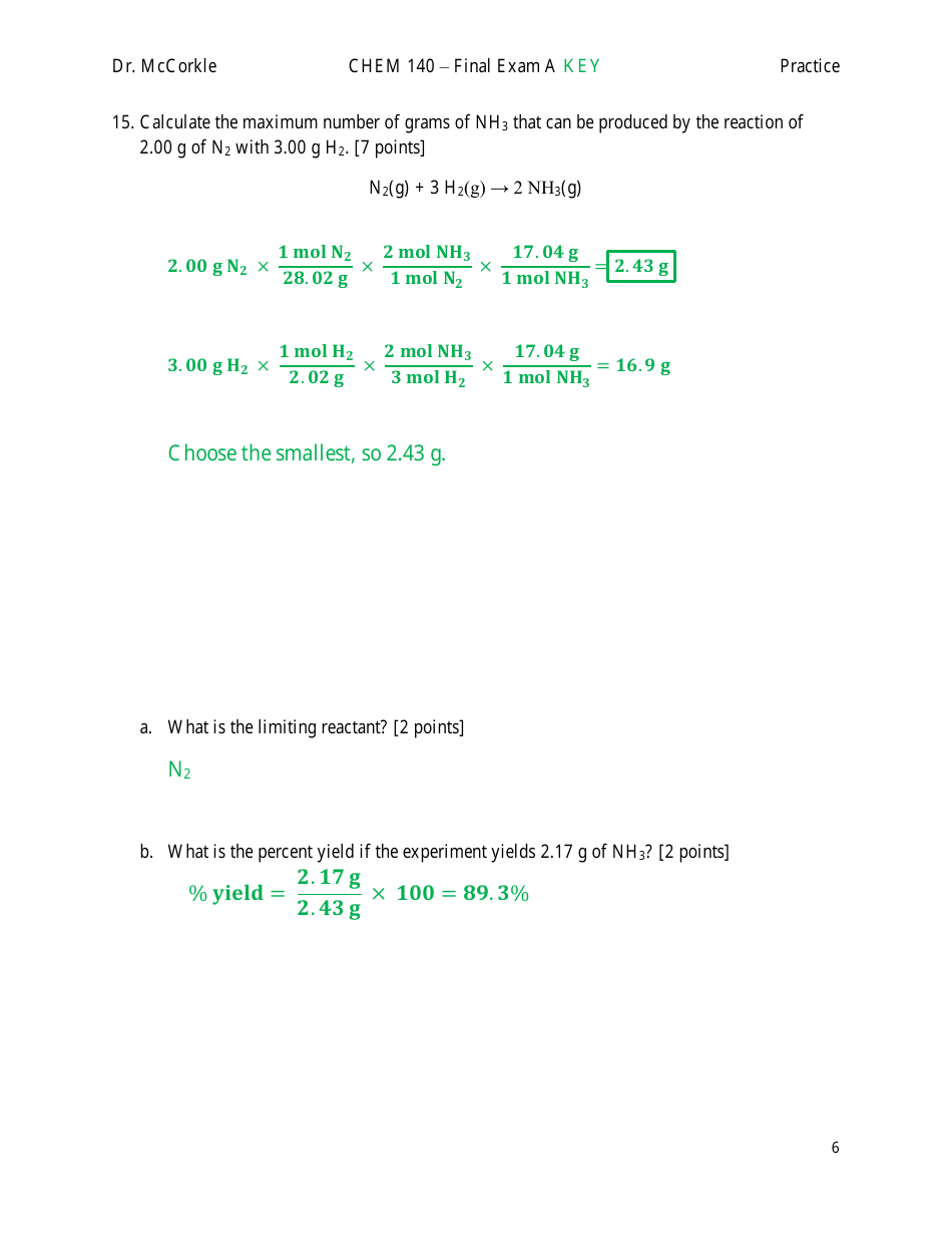 Chem 140 Final Exam a Key, Page 6