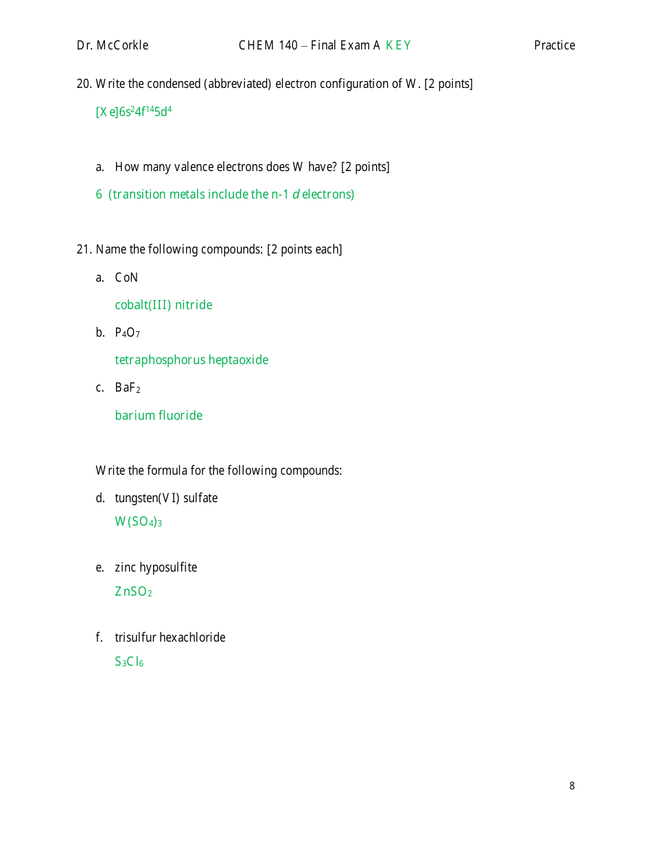 Chem 140 Final Exam a Key, Page 8