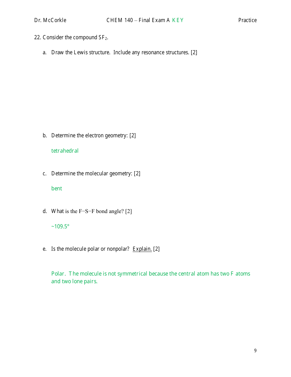 Chem 140 Final Exam a Key, Page 9
