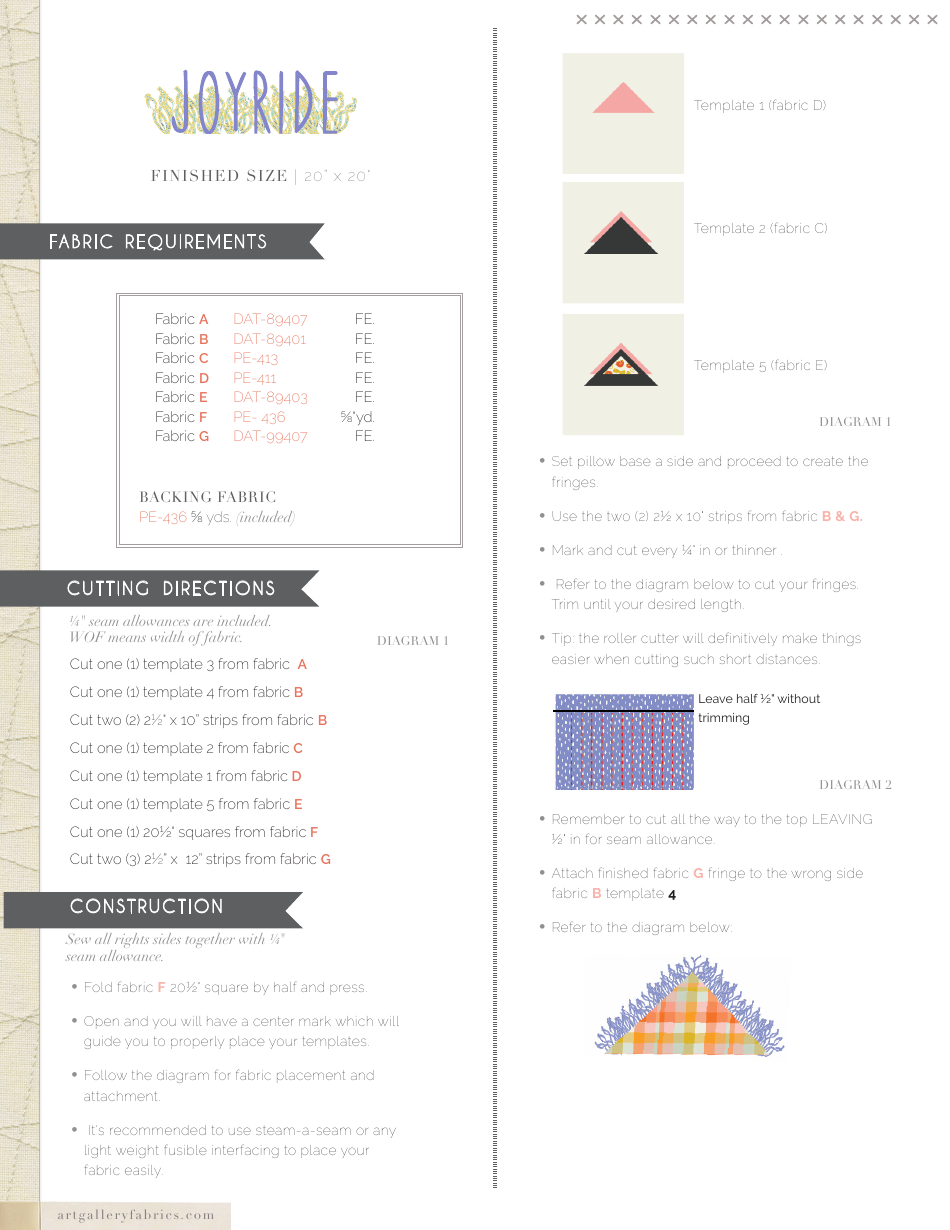 Joyride Pillow Design Pattern Templates - Art Gallery Quilts, Page 3