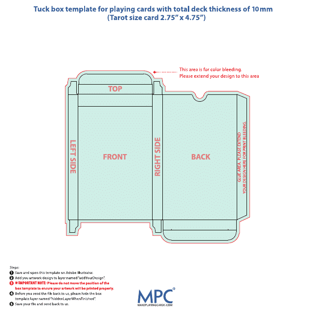 Tuck Box Template for Playing Cards With Total Deck Thickness of 10mm