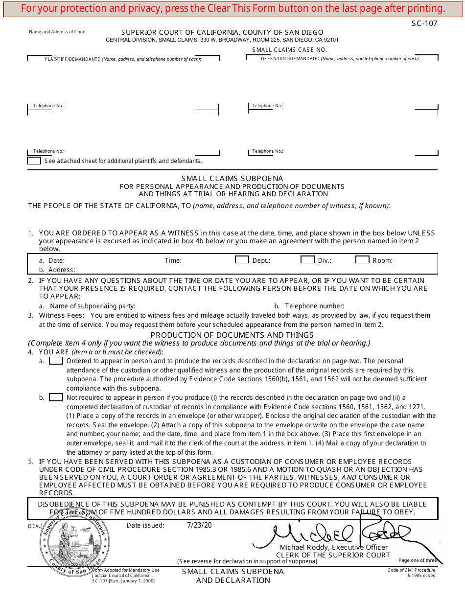 Form SC-107 Small Claims Subpoena and Declaration - County of San Diego, California, Page 1