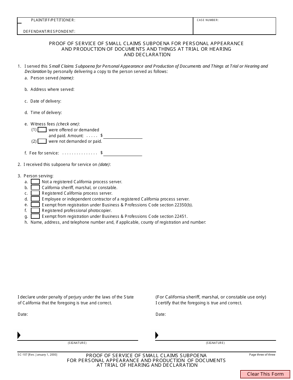 Form SC-107 Small Claims Subpoena and Declaration - County of San Diego, California, Page 3
