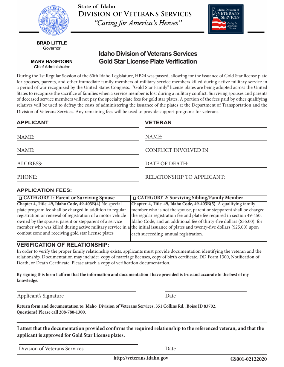 Form GS001 Gold Star License Plate Verification - Idaho, Page 1