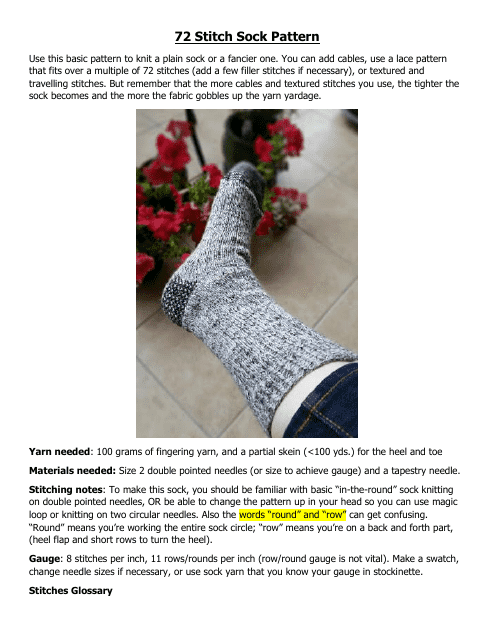 72 Stitch Sock Knitting Pattern