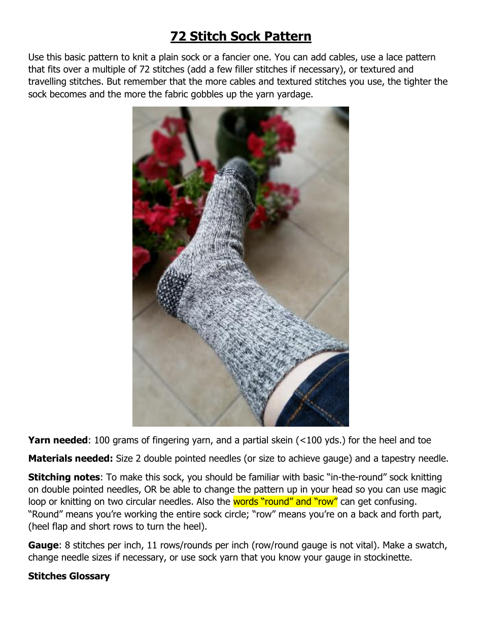 72 Stitch Sock Knitting Pattern - A four-row knitting pattern showcasing 72 stitches in a smooth and intricate design.