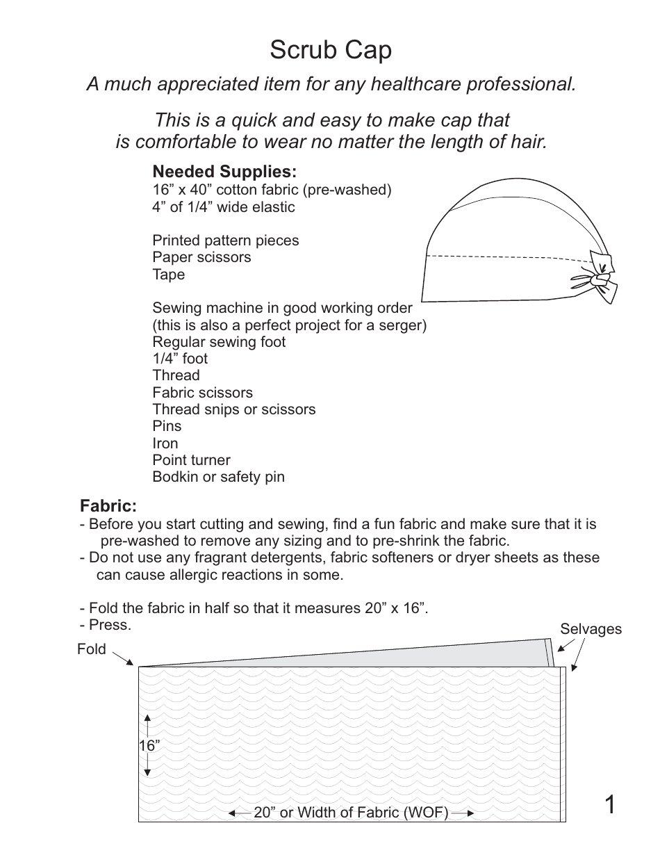 Scrub CAP Sewing Pattern Templates, Page 1