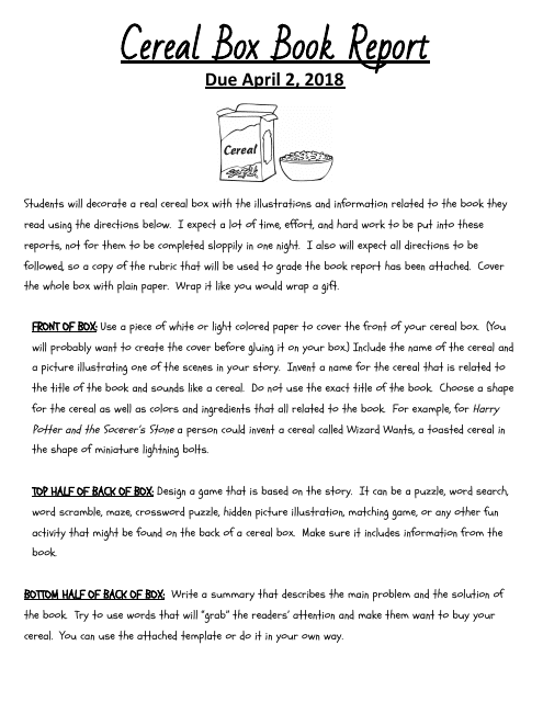 Cereal Box Book Report Templates - Food
