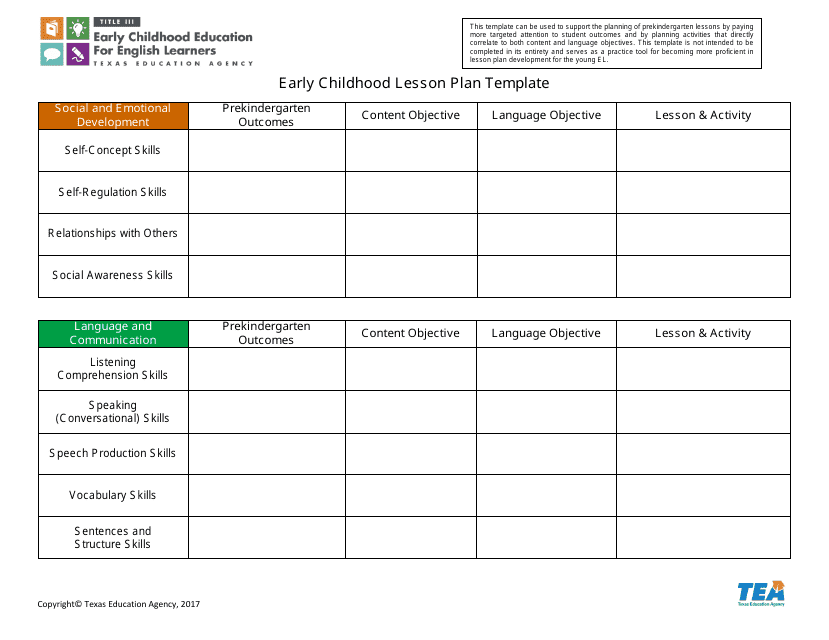 Early Childhood Lesson Plan Template - Texas