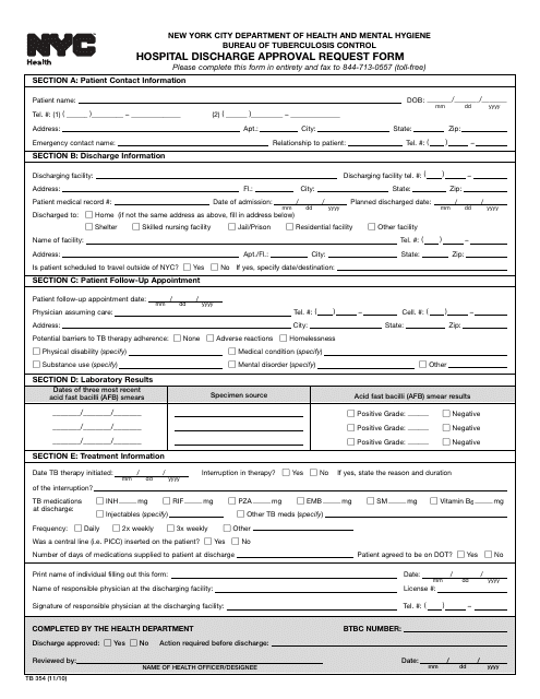 Form TB354 Hospital Discharge Approval Request Form - New York City