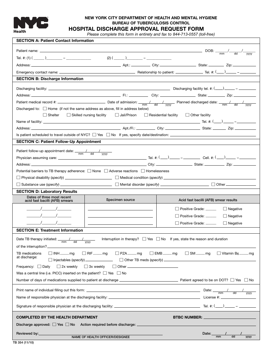 Form TB354 Hospital Discharge Approval Request Form - New York City, Page 1