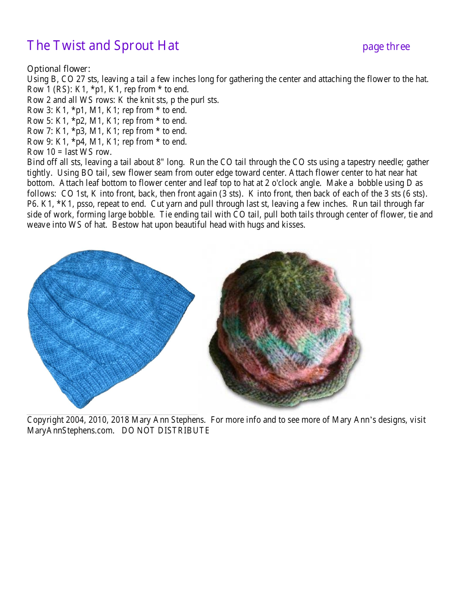 Twist and Sprout Hat Knitting Pattern, Page 3