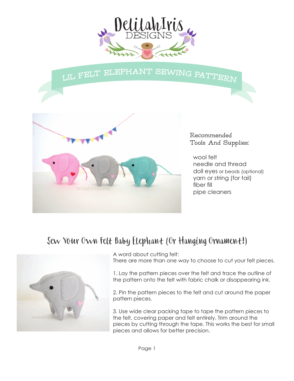 Little Felt Elephant Sewing Pattern Template - Delilahiris