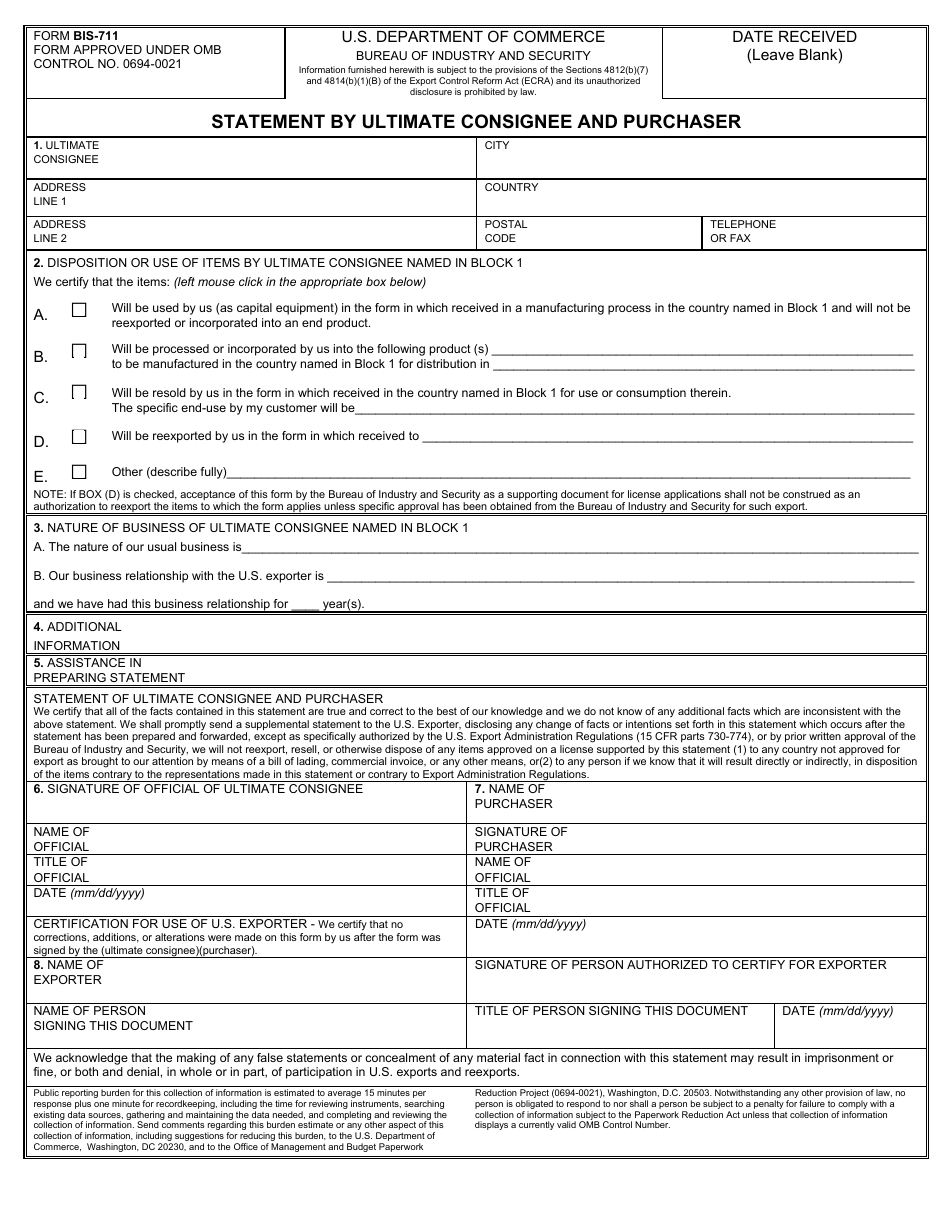 Form BIS-711 Statement by Ultimate Consignee and Purchaser, Page 1