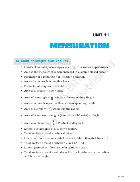 Unit 11 Math Test: Mensuration - Ncert