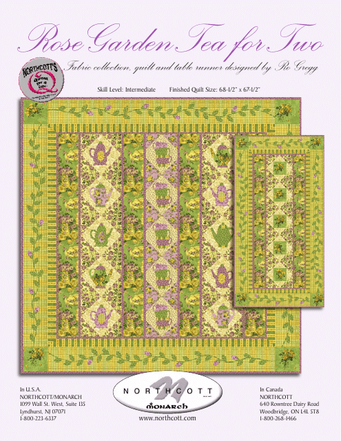 Rose Garden Tea for Two Table Runner Pattern Templates - Preview of the beautiful and elegant table runner design with a rose garden theme.