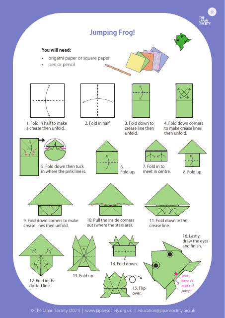 Origami jumping frog instructions from the Japan Society
