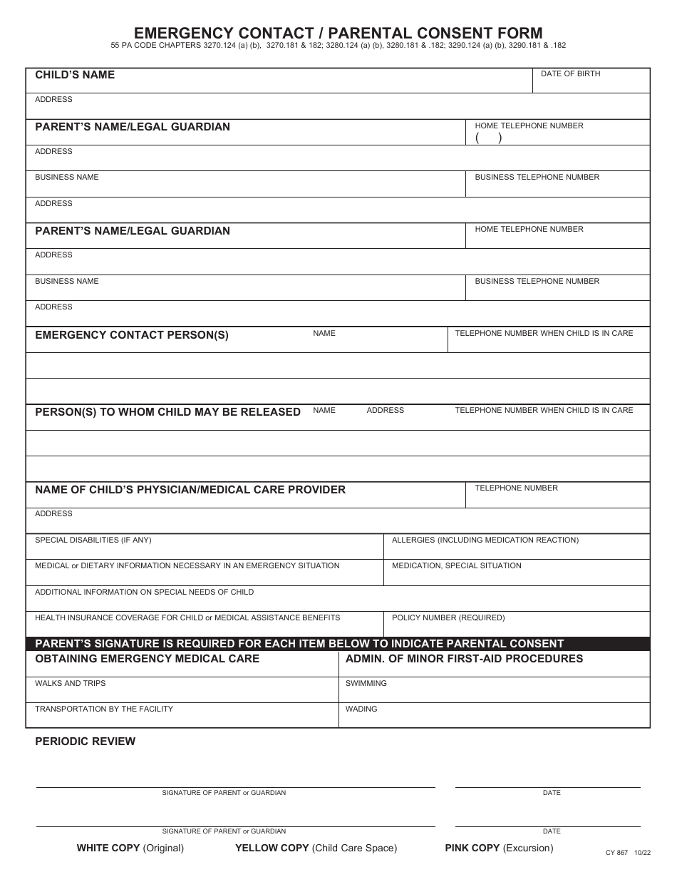 Form CY867 Emergency Contact / Parental Consent Form - Pennsylvania, Page 1