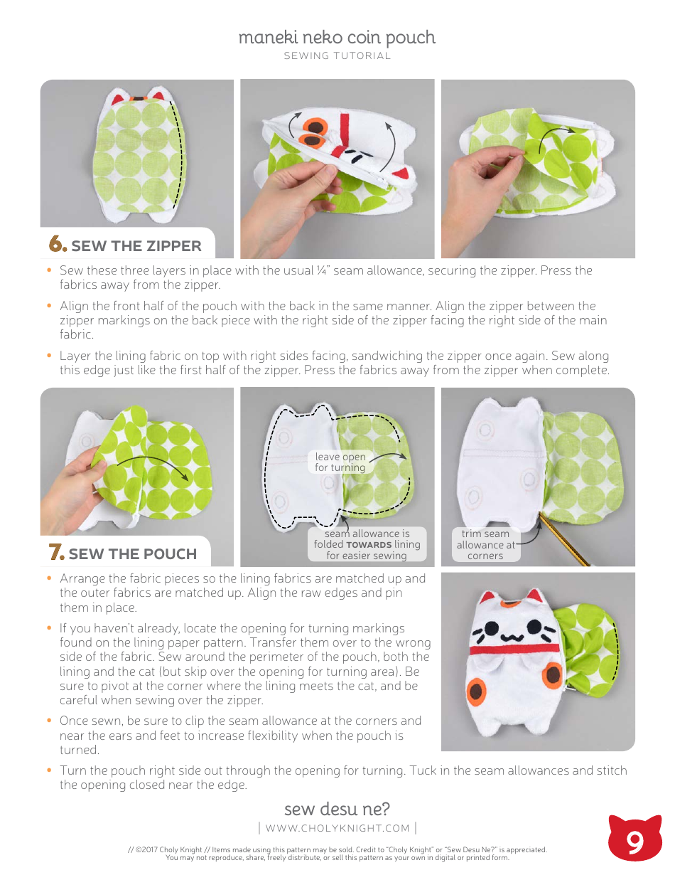 Maneki Neko Coin Pouch Sewing Pattern Templates, Page 9