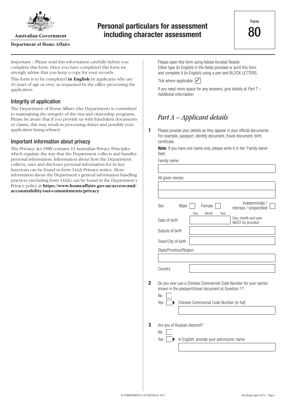 Form 80 Personal Particulars for Assessment Including Character Assessment - Australia, Page 1