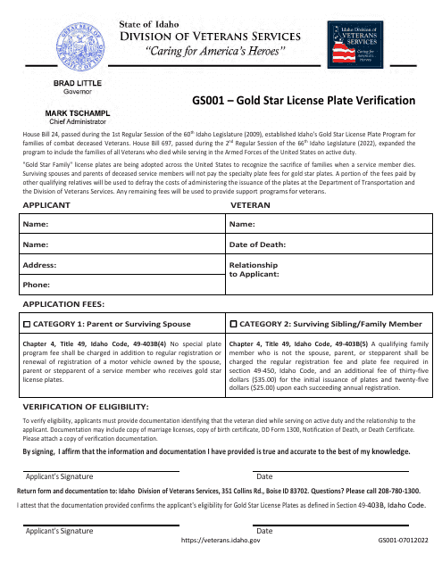 Form GS001 Gold Star License Plate Verification - Idaho