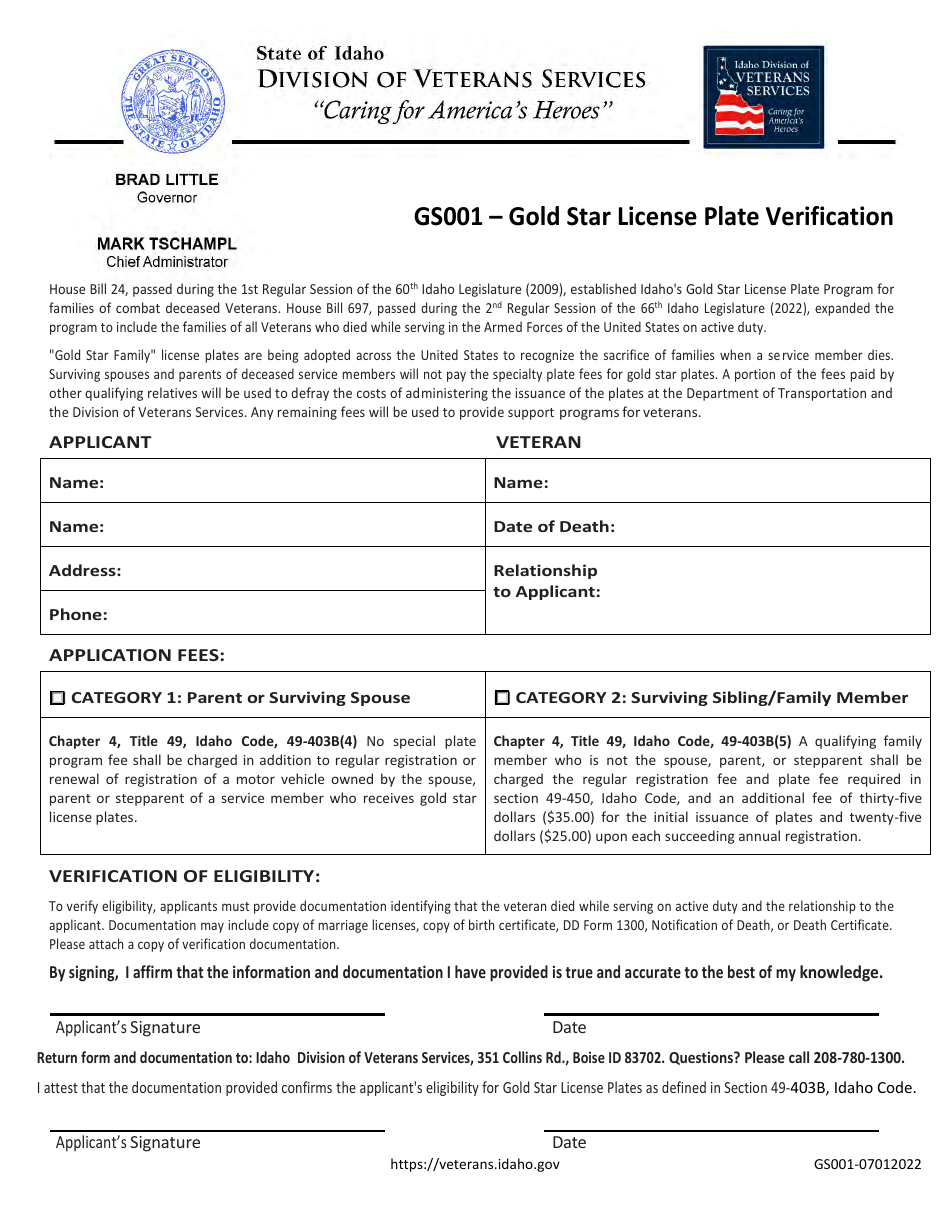 Form GS001 Download Fillable PDF or Fill Online Gold Star License Plate