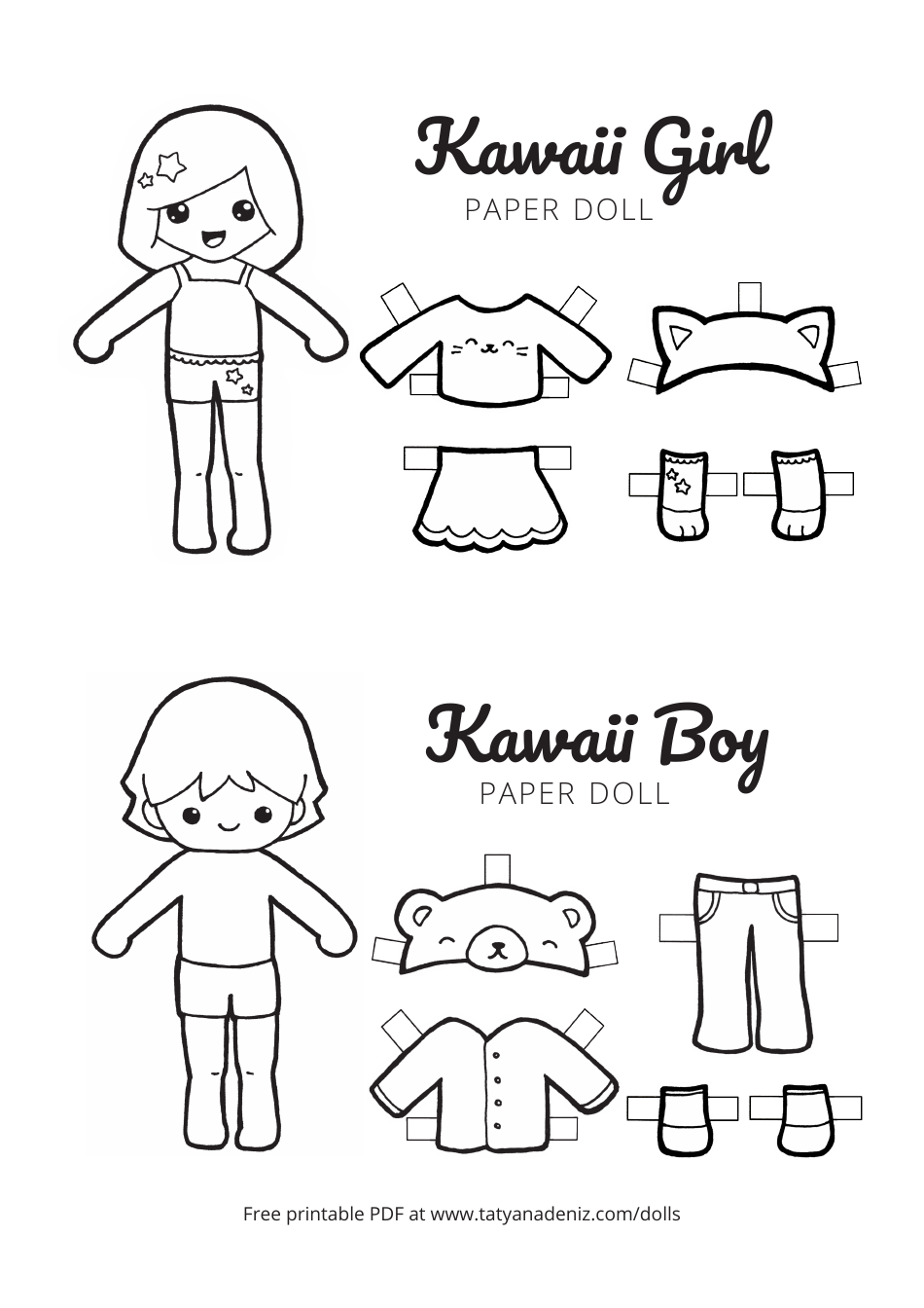Kawaii Boy and Girl Paper Doll Templates, Page 1