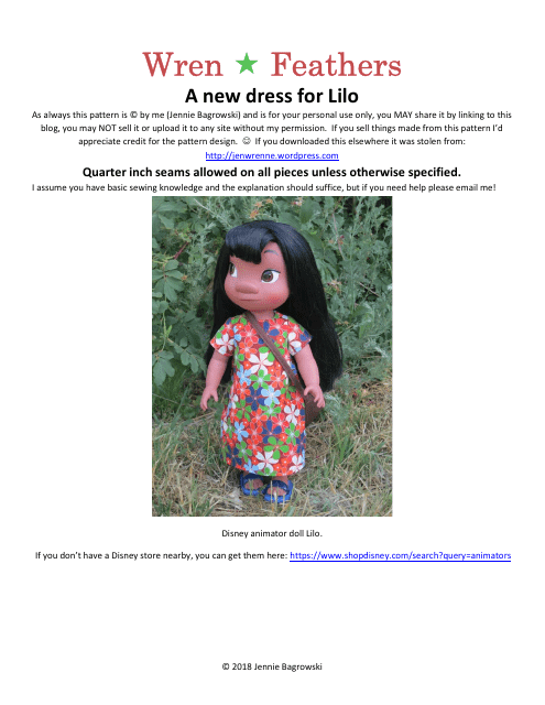 Sewing pattern template for a 16" toddler doll dress