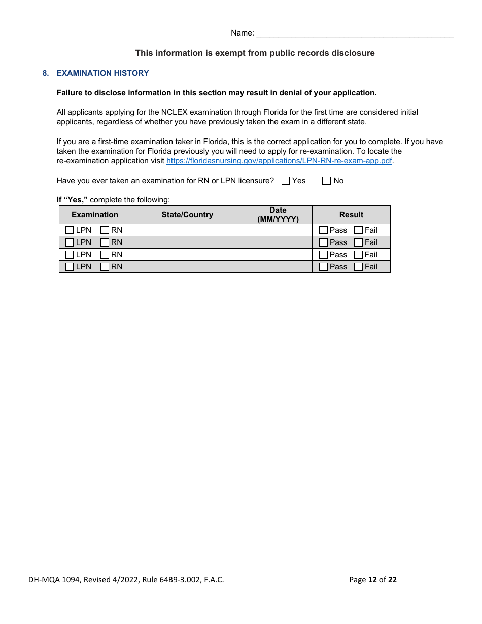 Form DH-MQA1094 Nursing Licensure by Examination Application - Florida, Page 12