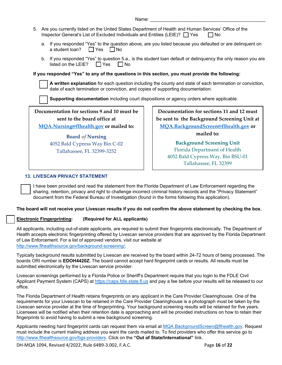 Form DH-MQA1094 Nursing Licensure by Examination Application - Florida, Page 16