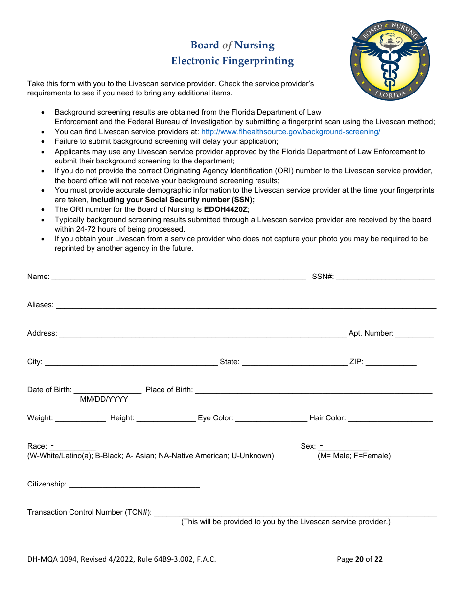 Form DH-MQA1094 Nursing Licensure by Examination Application - Florida, Page 20