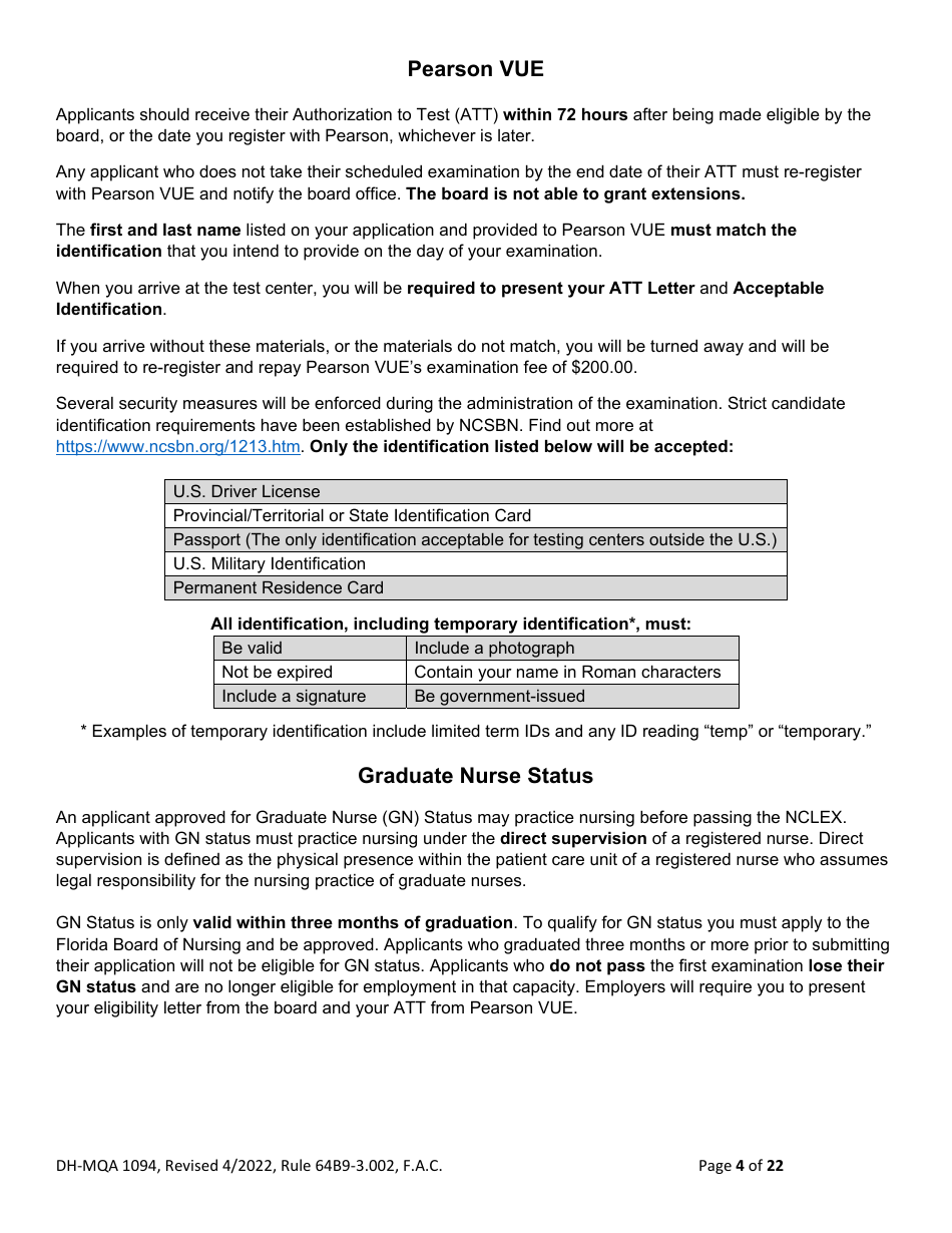 Form DH-MQA1094 Nursing Licensure by Examination Application - Florida, Page 4