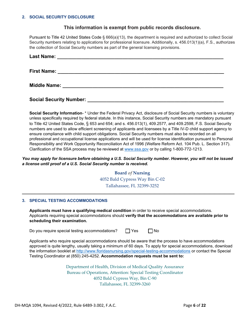 Form DH-MQA1094 Nursing Licensure by Examination Application - Florida, Page 6