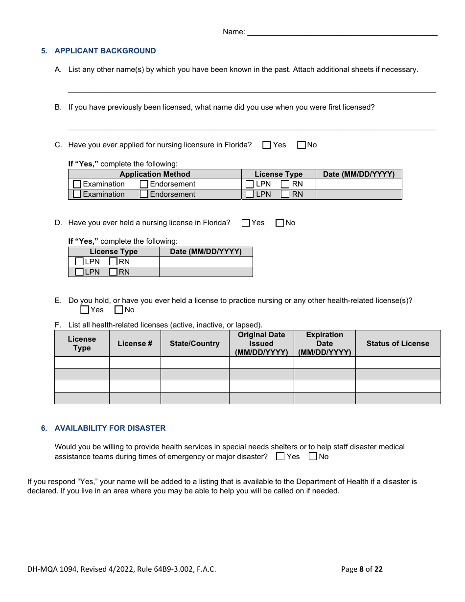 Form DH-MQA1094 Nursing Licensure by Examination Application - Florida, Page 8