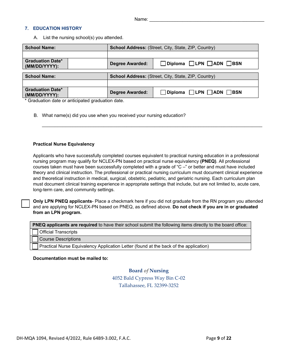 Form DH-MQA1094 Nursing Licensure by Examination Application - Florida, Page 9