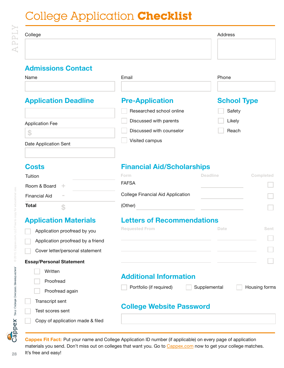 College Application Checklist Template - Cappex, Page 1
