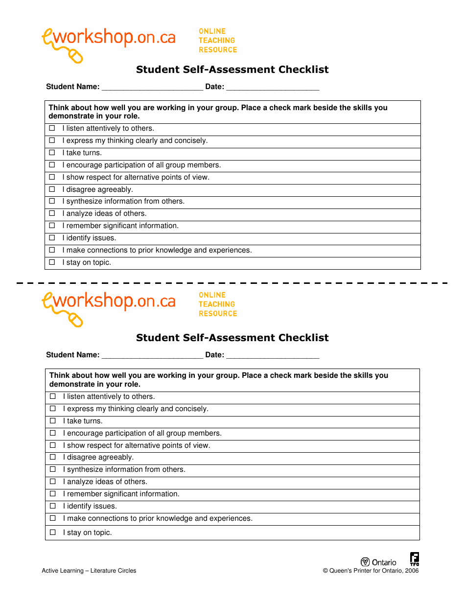 Student Self-assessment Checklist - Queen's Printer for Ontario - Ontario, Canada, Page 1