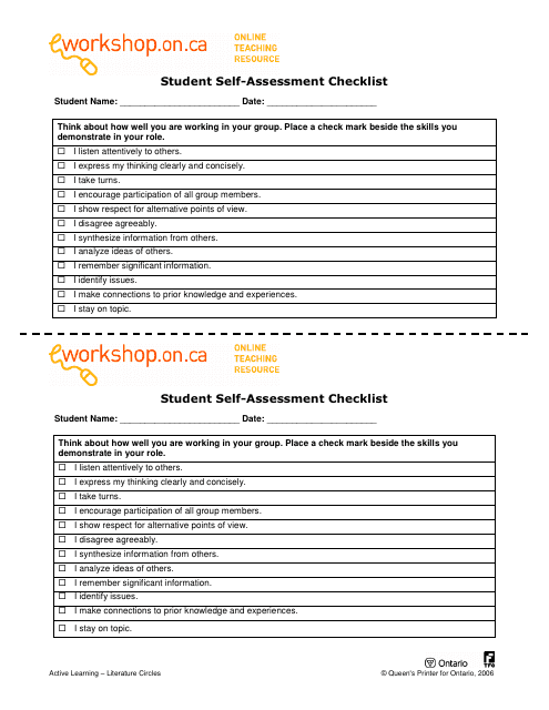 &quot;Student Self-assessment Checklist - Queen's Printer for Ontario&quot; - Ontario, Canada Download Pdf