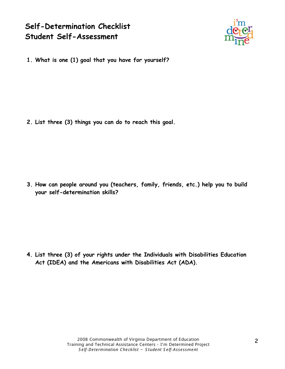 Virginia Self Determination Checklist Student Self Assessment Download