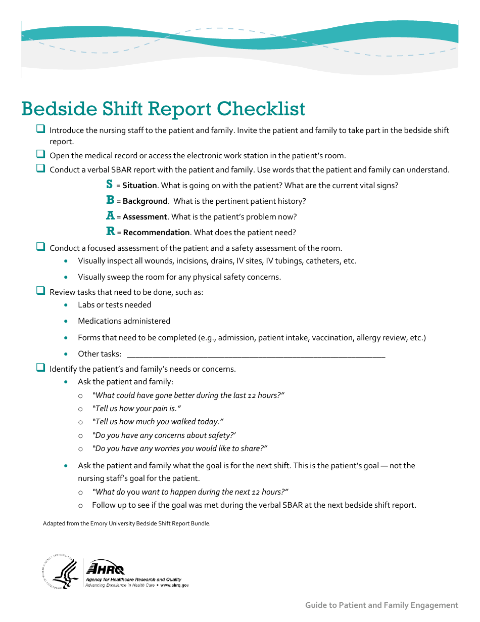 Bedside Shift Report Checklist, Page 1