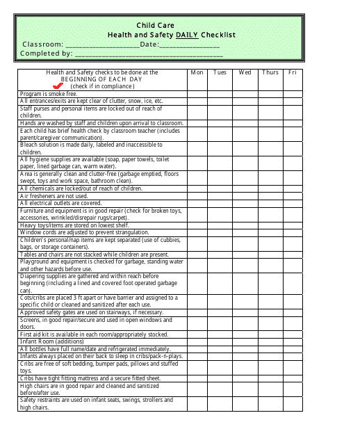 &quot;Daily Child Care Health and Safety Checklist&quot; Download Pdf