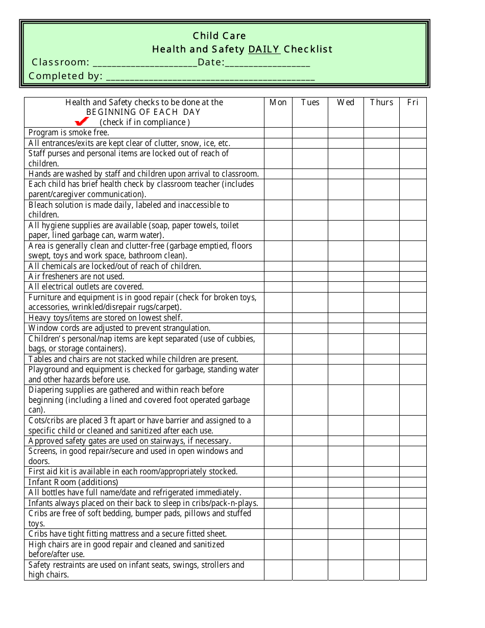 Daily Child Care Health and Safety Checklist Download Printable With Regard To Home Daycare Tax Worksheet