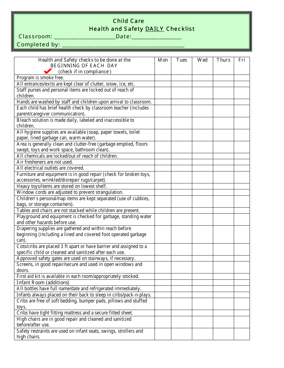 Daily Child Care Health and Safety Checklist Document Preview